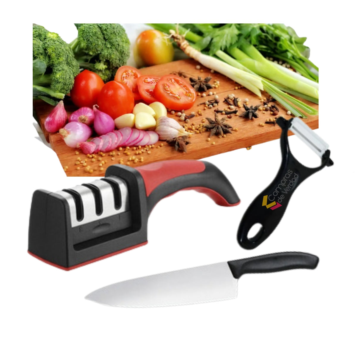 Combo 3 En 1 Cuchillo, Afilador Y Pelador De Papa
